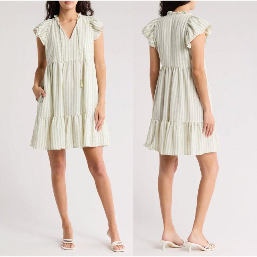 Eliza J Green & White Stripe Flutter Cap Sleeve Babydoll Dress